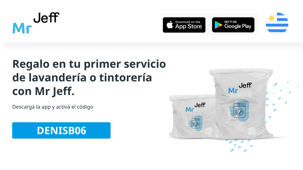 Mr Jeff código de descuento para su servicio de lavandería en Montevideo. Mr Jeff código de descuento $ 120 UYU "DENISB06"